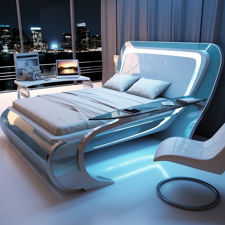 a futuristic bed is shown in front of a cityscape at night with the lights on