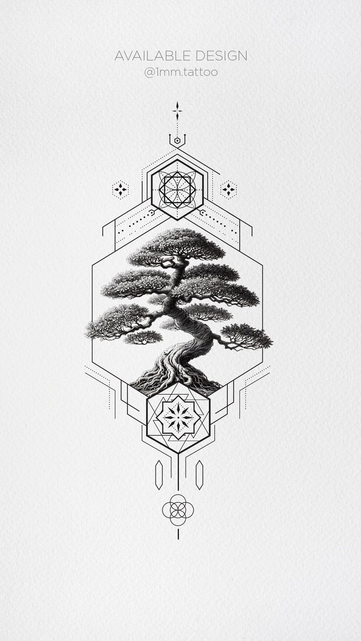 a black and white drawing of a bonsai tree in the center of a hexagonal design