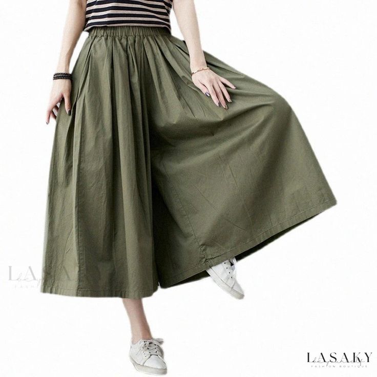 Lasaky - Cotton-Linen Elastic Waist Long Flared Skirt Casual Wide Hem Maxi Skirt For Spring, Spring Casual Maxi Skirt With Wide Hem, Casual Red Long Skirt, Non-stretch Green Long Skirt, Green Non-stretch Long Skirt, Green Cotton Casual Maxi Skirt, Green Long Skirt Bottoms For Fall, Casual Green Skirt, Green Long Skirt For Fall