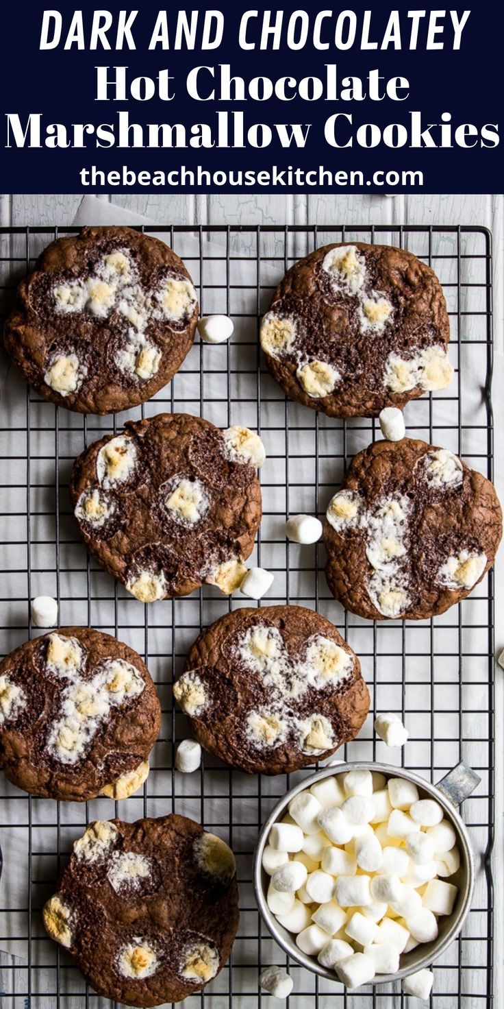 chocolate marshmallow cookies on a cooling rack with the words dark and white chocolate