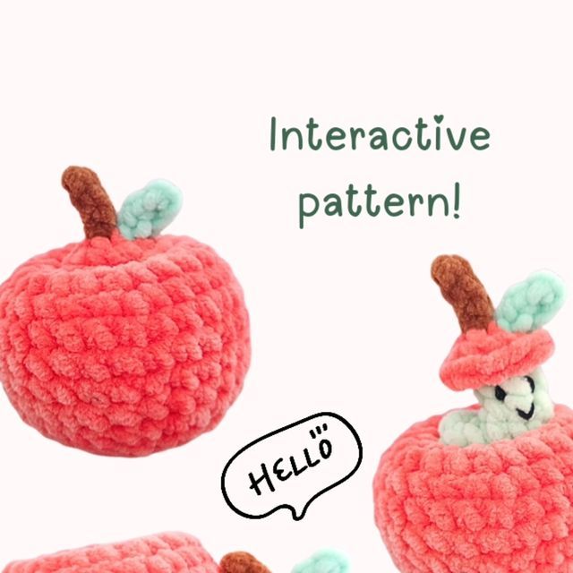 there are two crocheted apples with faces on them and one has a speech bubble