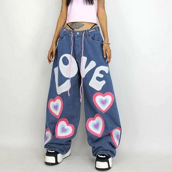 Indie Girl Aesthetic, Ghost Horse, Blue Ghost, Love Graffiti, Casual Denim Jeans, Pants Y2k, Y2k Denim, Indie Girl, Jean Large