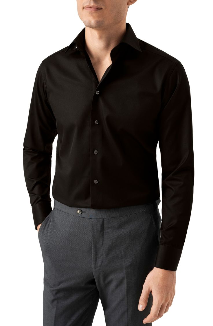 Cut in a slim fit, this sharp dress shirt is constructed from high-performance, crease-resistant cotton and fitted with a classic spread collar. 32" length; 45" chest (size 16.5) French placket Spread collar Mitered, adjustable button cuffs Darts at the back to adjust the width Curved hem 100% cotton Dry clean or machine wash, line dry Imported Custom Fit Long Sleeve Shirt For Workwear, Fitted Black Shirt With Fold-down Collar, Sleek Fitted Shirt With Button Closure, Fitted Long Sleeve Shirt With Concealed Placket, Elegant Black Cotton Dress Shirt, Business Dress Shirt With Concealed Placket, Elegant Collared Shirt With Wrinkle-resistant Fabric, Black Fitted Dress Shirt With Spread Collar, Elegant Semi-formal Wrinkle-resistant Shirt