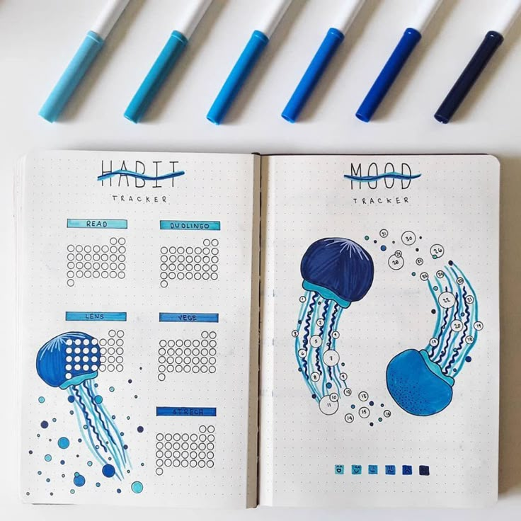 22 Ocean Bullet Journal Ideas for a Sea-tacular BuJo - The Creatives Hour Ocean Theme Journal Ideas, Sea Journal Ideas, Ocean Themed Journal, Ocean Theme Bullet Journal, Bujo Sea Theme, Blue Journal Cover Ideas, Ocean Mood Tracker, Blue Bujo Theme, Bujo Ocean Theme