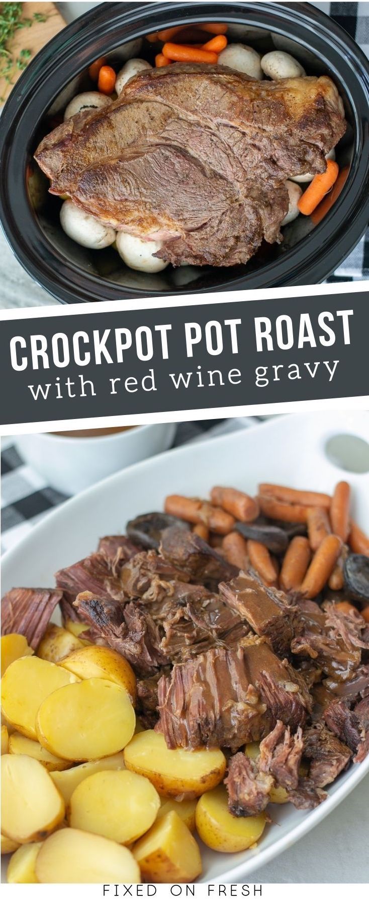 the slow cooker pot roast with red wine sauce is ready to be eaten and served