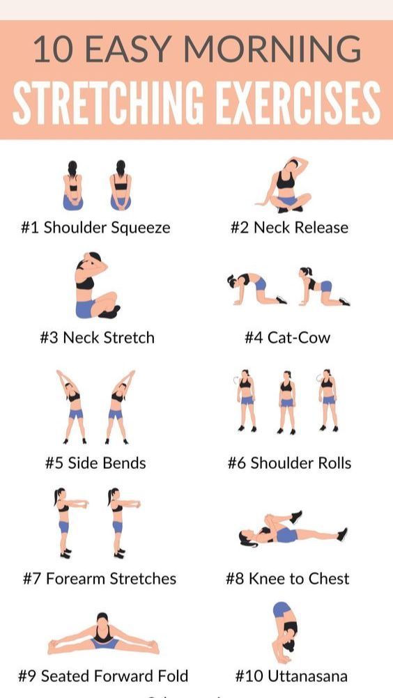 a woman doing exercises for her chest and back with the words 10 easy morning stretching exercises