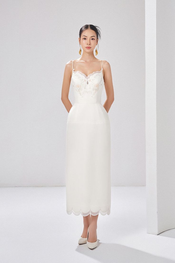 Wedding Dress With Sweetheart Neckline And Delicate Straps, Feminine Midi Dress With Spaghetti Straps And Lined Bodice, Elegant Bridesmaid Slip Dress With Fitted Bodice, Elegant Spaghetti Strap Evening Dress For Wedding, Elegant Midi Dress With Lace Bodice, Elegant Dress With Sweetheart Neckline And Delicate Straps, White Sweetheart Neckline Evening Dress For Summer, Sleeveless Midi Wedding Dress With Corset Back, White Evening Dress With Straight Neckline For Wedding