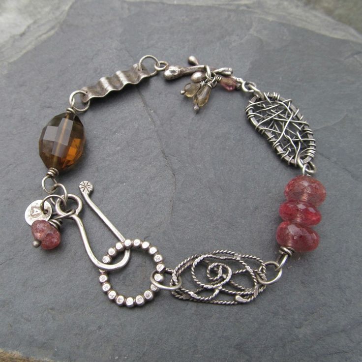 Eclectic Sterling Silver Charm Bracelet Pink Brown Gemstone | Etsy Artisan Wire Wrapped Bracelets, Metal Beaded Bracelet With Natural Stones, Artisan Bracelet Jewelry With Stones, Unique Wire Wrapped Bracelet, Bohemian Metal Bracelets With Stones, Silver Fusion Bracelets Hand Wrapped, Silver Hand Wrapped Fusion Bracelets, Fusion Style Silver Hand Wrapped Bracelets, Fusion Style Bangle For Jewelry Making