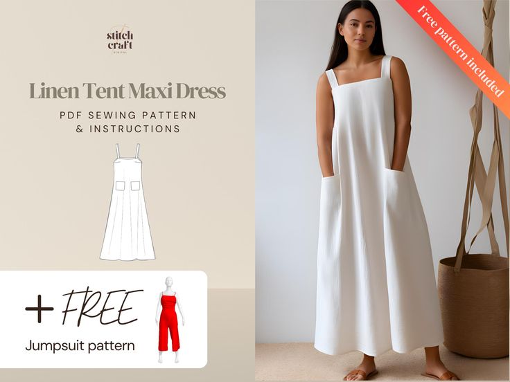 a woman wearing a white dress with the text, linen ten midi dress sewing pattern and instructions