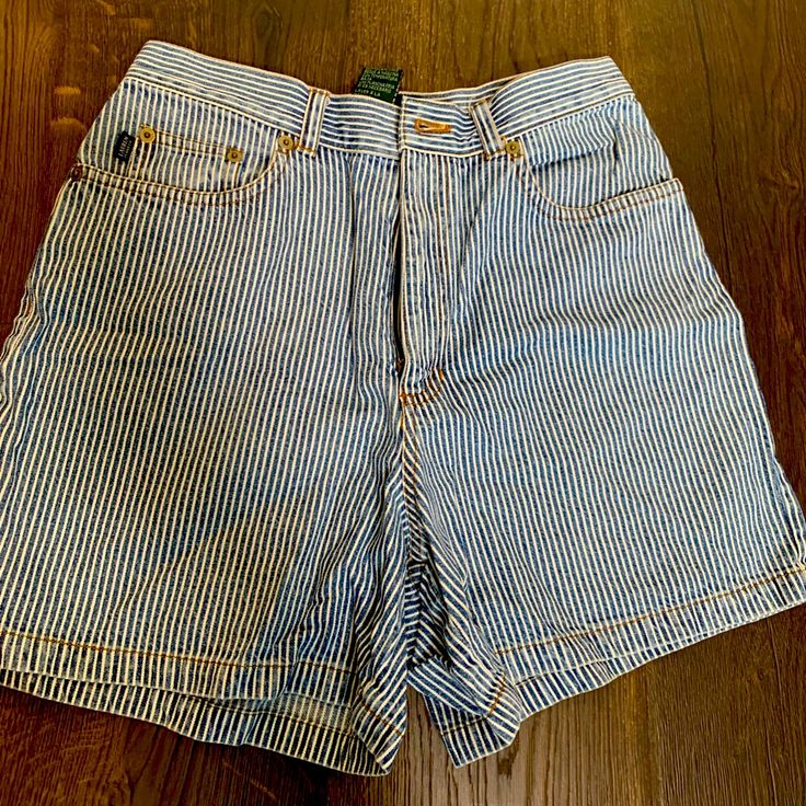 Gorgeous Vintage Pinstripe Denim Shorts - 100% Cotton High Rise Striped Cotton Bottoms, High-rise Striped Cotton Bottoms, Striped High-rise Cotton Bottoms, Casual Ralph Lauren Short-length Bottoms, Ralph Lauren Cotton Shorts, Casual Summer Jeans With Vertical Stripes, Casual Vertical Striped Jeans For Summer, Spring Striped Jean Shorts, Striped Jean Shorts For Spring