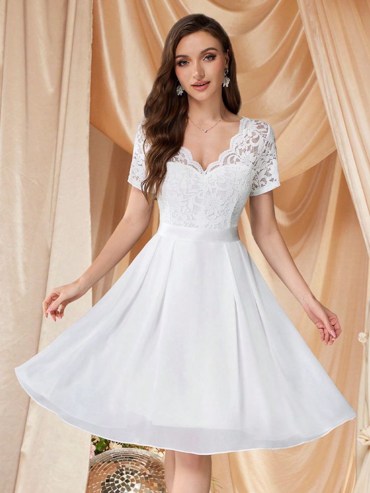 Women Plain White Contrast Floral Lace Chiffon Cocktail Party Swing Dress White Elegant  Short Sleeve Lace Colorblock,Plain A Line,Fit and Flare Slight Stretch  Weddings & Events, size features are:Bust: ,Length: ,Sleeve Length: White Dress For Party, Womens Prom Dresses, Vestidos Prom, Grad Dresses, Little White Dresses, Prom Party, Chiffon Lace, Ladies Party, Swing Dress