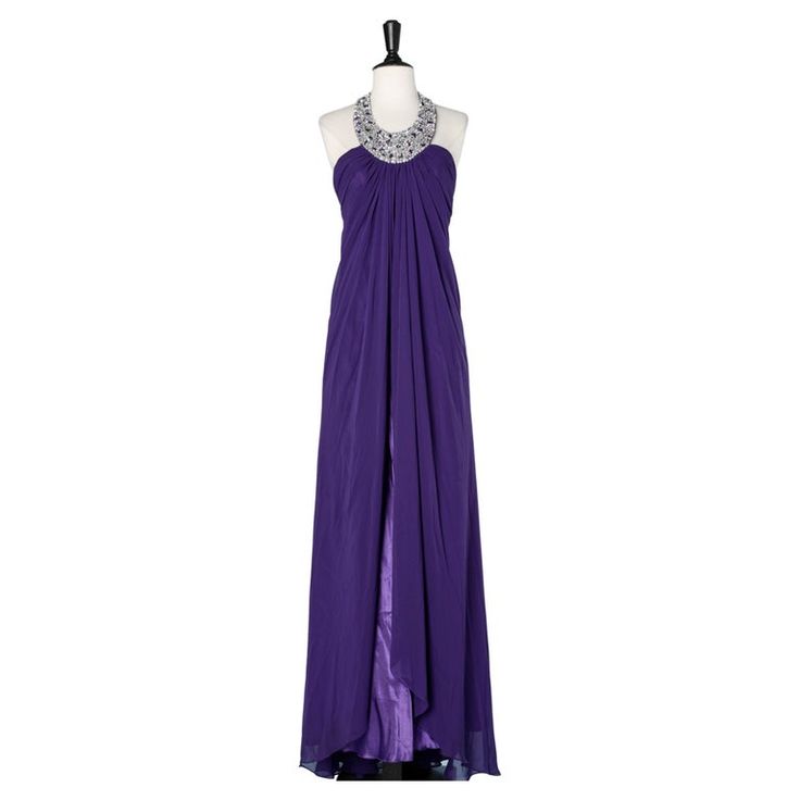 Long evening gown in purple chiffon and satin with a sequin neckless collar Long Evening Gowns, Bride Dresses, Dress Ideas, Mother Of The Bride Dresses, Dark Purple, Evening Gown, Backless Dress Formal, Wedding Stuff, Mother Of The Bride