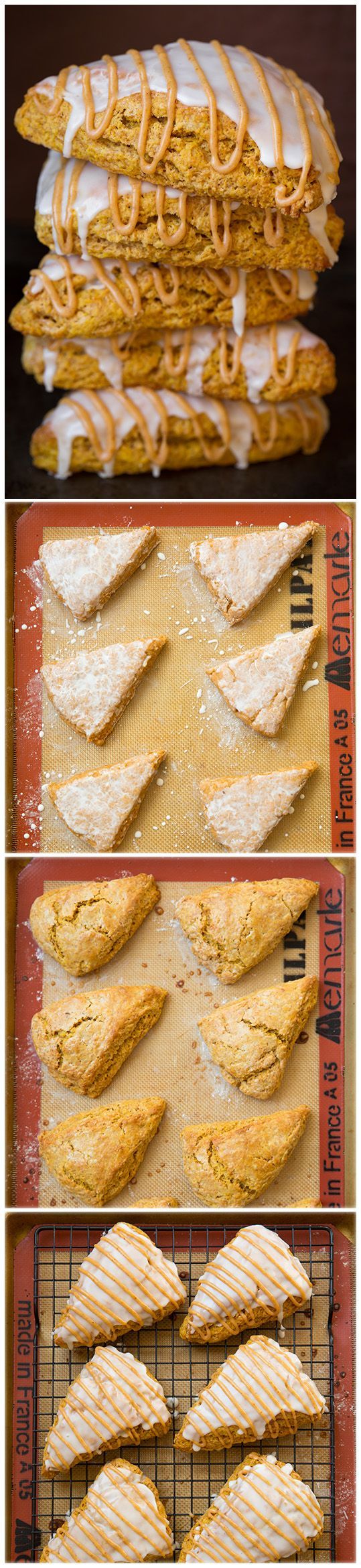 four pictures showing different types of breads and pastries on baking sheet, with text overlay