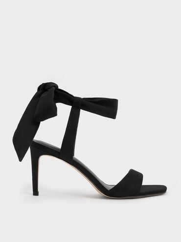 Black Textured Tie-Around Heeled Sandals | CHARLES & KEITH Charles And Keith, Tie Heels, Charles Keith, Black Textures, Ankle Straps, Heeled Sandals, Black Suede, Mini Skirt, Sandals Heels