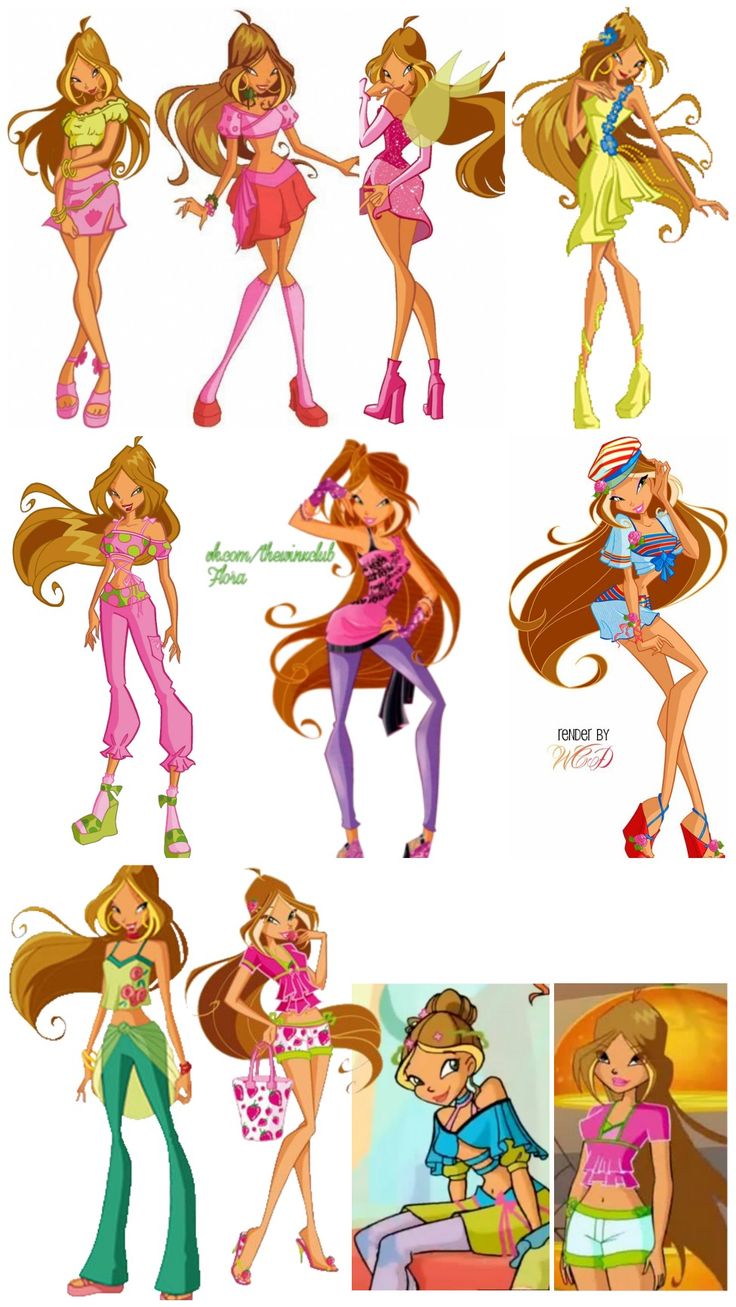 some cartoon girls with long hair and different outfits, one is holding a baby while the other