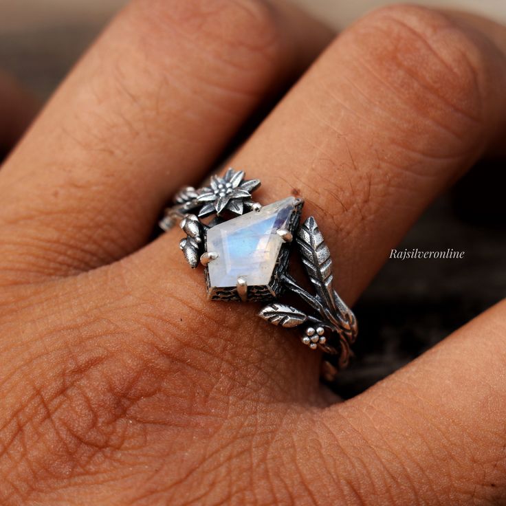 Silver Branches Ring, Moonstone Twig Ring, 925 Sterling Silver Ring, Handmade Nature Inspired Ring, Wedding Ring, Birthday Gift Ring For Her Metal: 925 Sterling Silver Gemstone : Moonstone Stone Color : White Stone Shape : Kite Shape Stone Setting: Prong Packing- Your jewelry will be nicely packaged. If one or more items are gifts, please leave us a note at checkout and we'll pack them separately. We would be happy to send your personal note with it. We accept custom and personalized orders. It can be changed in the gemstone, Ring design, and Ring size. Please send us a message if you are interested in a custom creation. Feedback: Your feedback is very important and positive feedback is highly appreciated. if you are unhappy for any reason, please do not leave negative or neutral feedback Unique Moonstone Ring With Rose Cut Diamonds For Anniversary, Silver Moonstone Ring With Rose Cut Diamonds For Wedding, Silver Opal Ring With Rose Cut Diamonds For Wedding, Hallmarked Moonstone Ring For Anniversary, Silver Moonstone Ring With Rose Cut Diamonds For Promise, Silver Opal Promise Ring With Rose Cut Diamonds, Unique Moonstone Ring With Rose Cut Diamonds As Gift, Unique Moonstone Ring With Rose Cut Diamonds, Hallmarked Moonstone Jewelry For Wedding