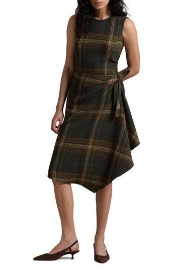 This wool-rich sheath dress features a warm-hued plaid and a cascading faux-wrap look cinched with a graceful side tie. Hidden back-zip closure Jewel neck Sleeveless Ties at side 70% wool, 25% polyamide, 2% cotton, 2% acrylic, 1% polyester Dry clean Imported Fitted Brown Plaid Dress, Brown Fitted Plaid Dress, Elegant Sleeveless Plaid Dress, Fitted Sleeveless Plaid Work Dress, Fitted Sleeveless Plaid Dress For Work, Long Wrap Dress, Kimono Wrap Dress, Ralph Lauren Plaid, Americana Fashion