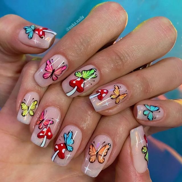 Square Nails Butterfly, Painted Nails Short, Anastasia Nails, Mushrooms Nails, Short Nails Square, Trippy Nails, Glittery Nail, Classy Almond Nails, Festival Inspo