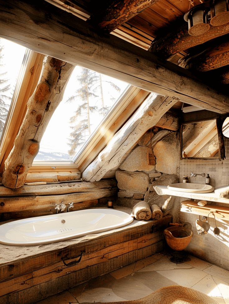 an attic bathroom with a large tub in the corner