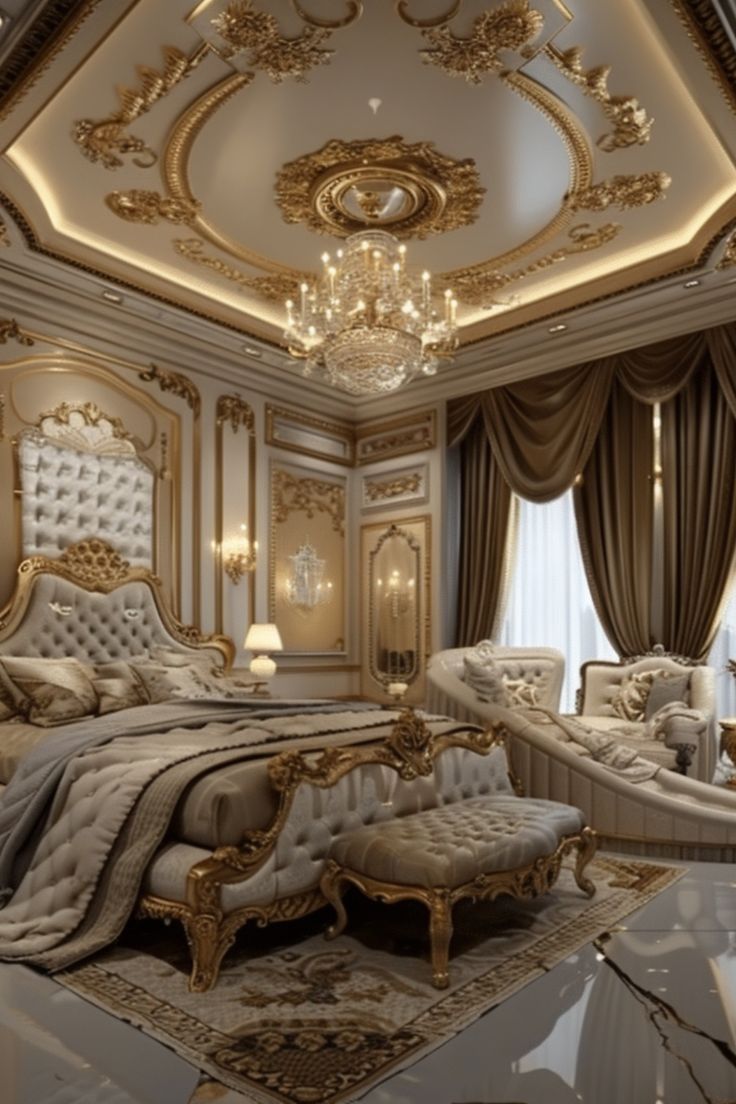 a luxurious bedroom is shown in gold and white