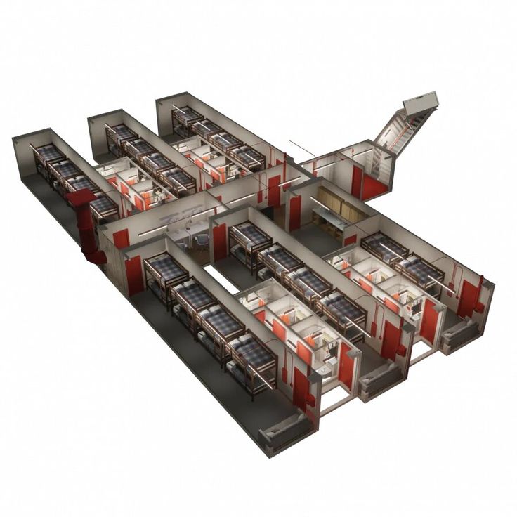 an architectural model of a building with red doors