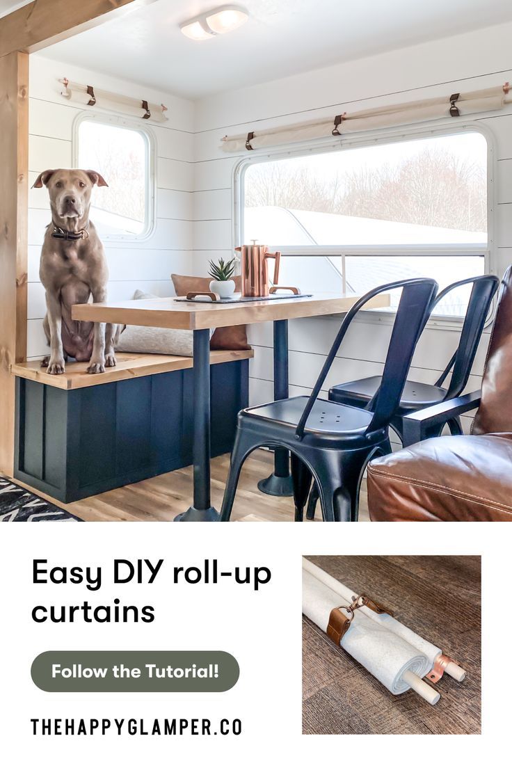 Dog sitting on RV dinette bench in front of rolled-up RV curtains Camper Blinds, Roller Shades Diy, Rv Blinds, Caravan Curtains, Camper Organization Rv Living, Rv Diy, Rv Curtains, Popup Camper Remodel, Camper Curtains