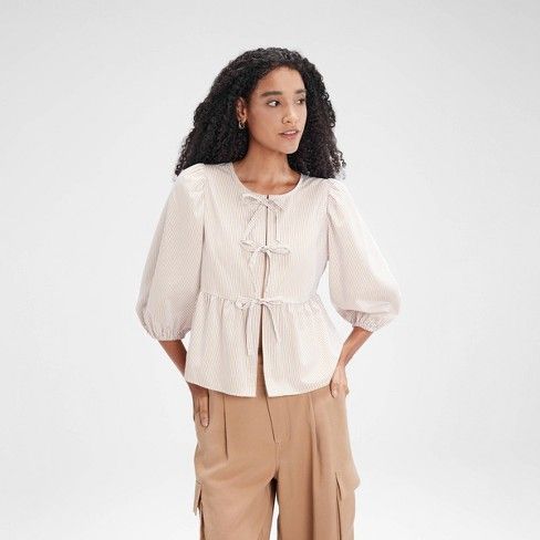 Women's Balloon 3/4 Sleeve Tie-Front Blouse - A New Day™ Cream Striped M Thrift Inspo, Peplum Shirts, Tie Design, Cap Sleeve Top, Tie Front Blouse, Material Girl, Peplum Hem, Material Girls, Linen Women