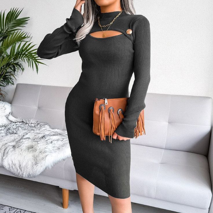 Emberlynn is every lazy girl's dream. When you're looking for something that takes zero effort yet gives diva vibes, it's this knitted dress that will do it for you. It's detailed into a ribbed mini. Bodycon with a center cutout featuring a gold button. The silhouette is perfectly defined with the curve-hugging fit. Also available in khaki, beige, burgundy and gray. Styling Tips: It looks chic with both biker boots or knee high riding boots. Color: Black Sleeve Length : Long Silhouette: Slim Len Trendy Knit Party Dress, Trendy Knit Dresses For Party, Trendy Knit Sweater Dress, Trendy Bodycon Knit Sweater Dress, Trendy Knit Bodycon Sweater Dress, Trendy Ribbed Knit Dress, Trendy Knit Sweater Dress For Party, Trendy Ribbed Midi Dress For Night Out, Casual Knit Bodycon Dress For Night Out