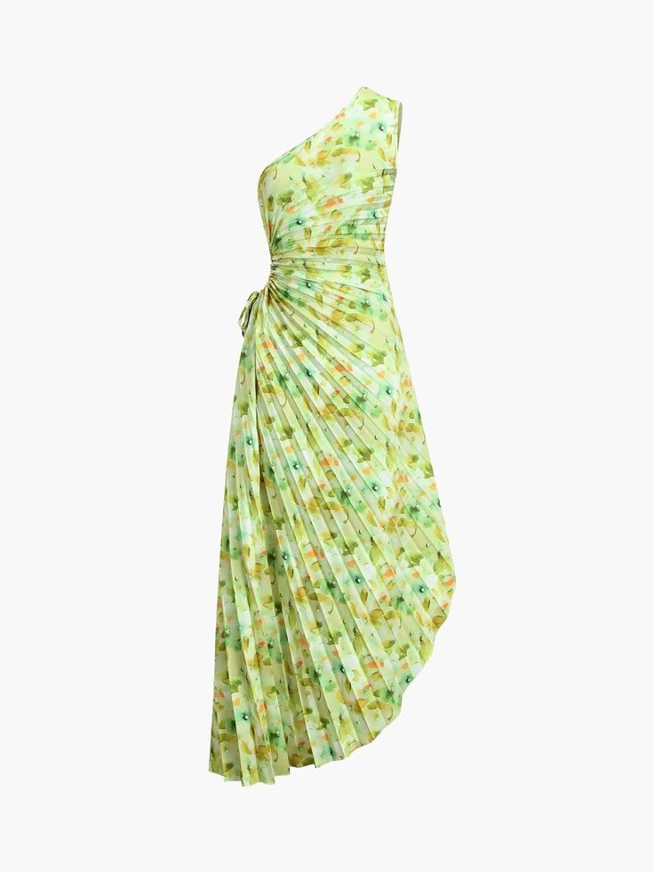 Greeness 花卉拉链褶裥中长连衣裙 Fitted One-shoulder Midi Dress For Summer, Beach Maxi Dress With Asymmetrical Neckline And Fitted Style, Fitted One-shoulder Maxi Dress For Spring, Pleated Fitted Asymmetrical Dress, Fitted Dress With Asymmetrical Neckline For Summer, Fitted Midi Dress With Asymmetrical Neckline For Beach, Fitted Maxi Dress With Asymmetrical Neckline For Vacation, Fitted Floral One Shoulder Dress For Brunch, Fitted One Shoulder Floral Dress For Brunch