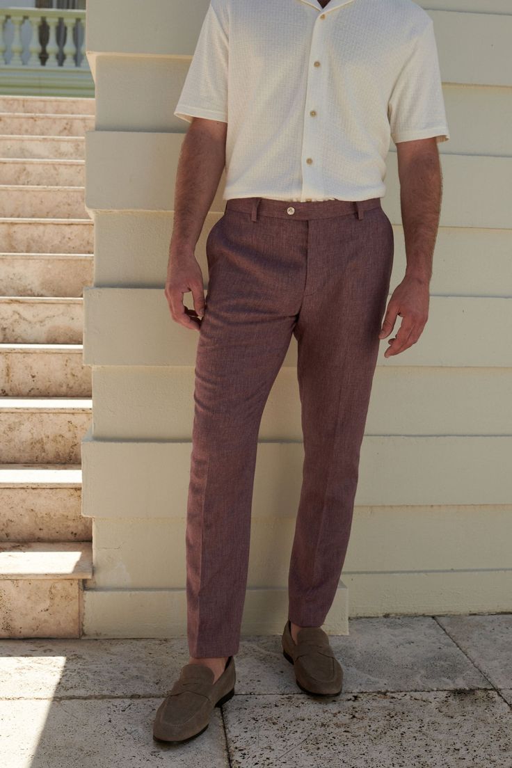 These breathable formal trousers are made from a summer-friendly linen blend, featuring a regular waist and slim legs, finished with a central front crease, side slip pockets and a classic waistband. 53% Linen, 47% Polyester. Men Outfit Summer Wedding, Spring Wedding Outfits For Guest Men, Summer Wedding Male Guest Attire, Formal Linen Outfit Men, Groom Casual Wedding Outfit, Wedding Rehearsal Outfit Men, Men’s Business Formal, Men’s Summer Wedding Guest Casual, Wedding Clothes For Men Casual