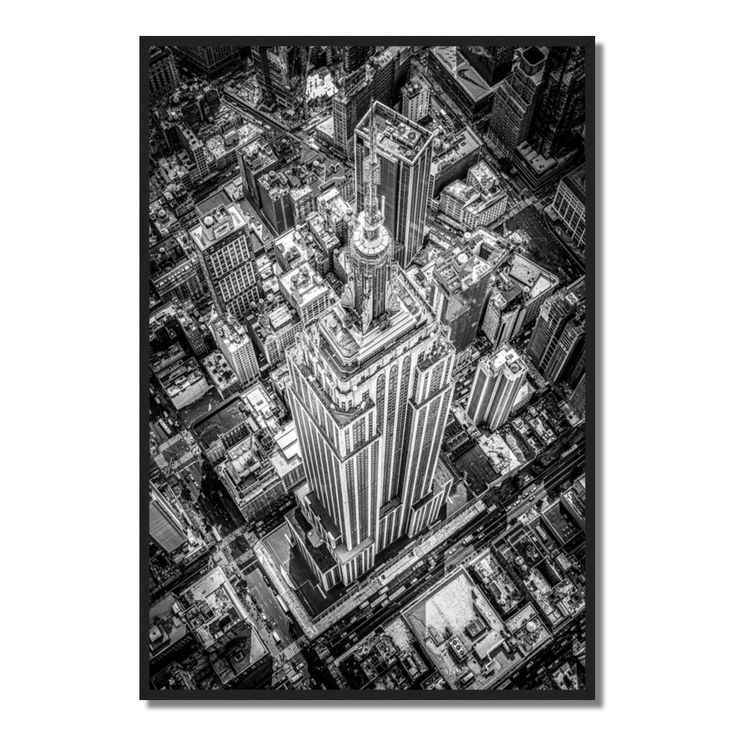 black and white photograph of an aerial view of skyscrapers in new york city, usa