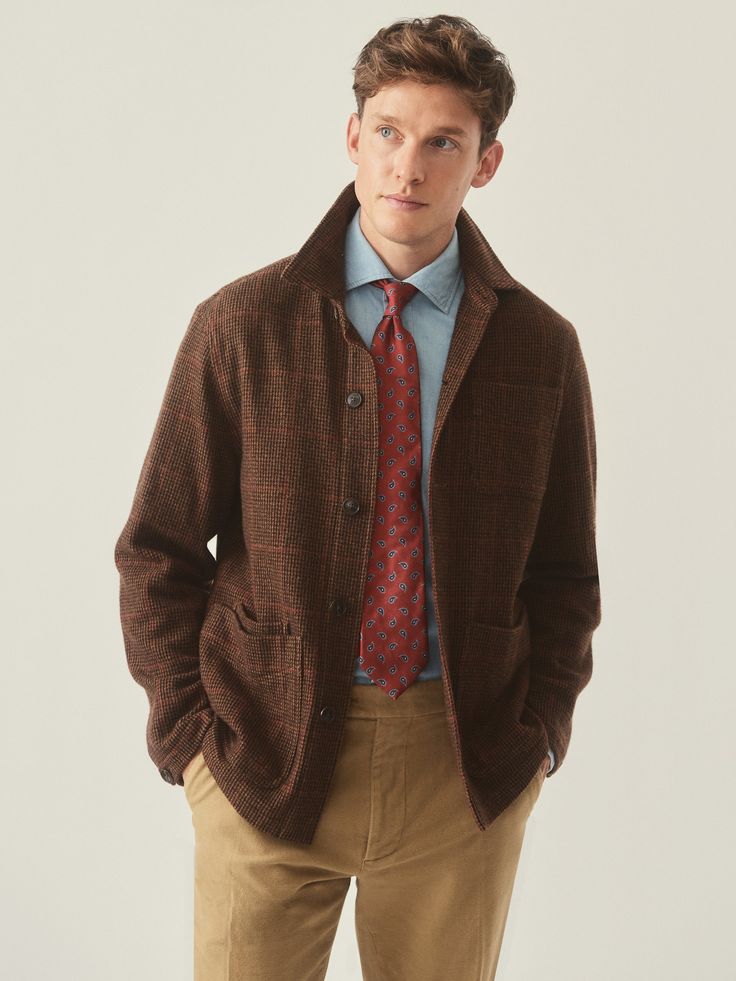 We took the silhouette of the Bleu de Travail - the iconic French workman's jacket - and reimagined in a lofty wool check. An easy-wearing piece in lieu of a sportjacket. | J.McLaughlin Men's Weekender Jacket in Houndstooth Brown/Tan/Red, Size Medium | Wool Billy Reid Shawl Collar Pullover, Billy Reid Trevor Shawl Collar Pullover, Plaid Wool Coat For Fall Workwear, Tailored Houndstooth Outerwear With Lapel Collar, Tweed Sport Coat With Welt Pockets For Work, Brown Sport Coat With Lapel Collar For Workwear, Plaid Wool Single-breasted Outerwear, Fall Tailored Tweed Jacket, Plaid Long Sleeve Outerwear With Concealed Placket