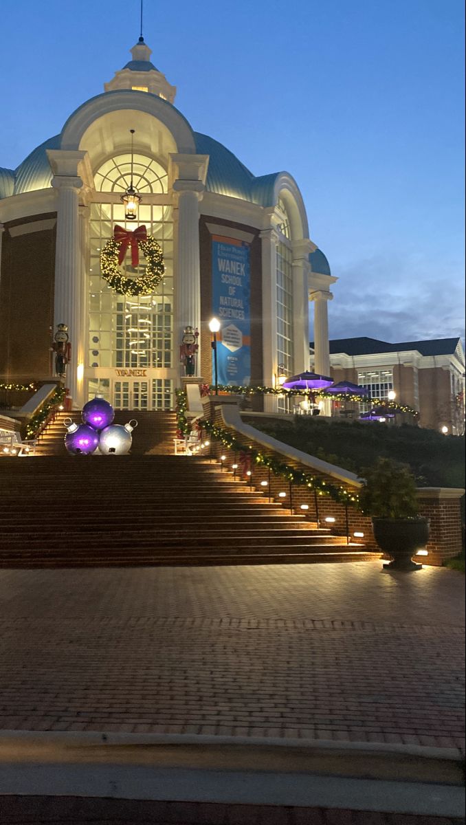 a large building with steps leading up to it and christmas decorations on the front door