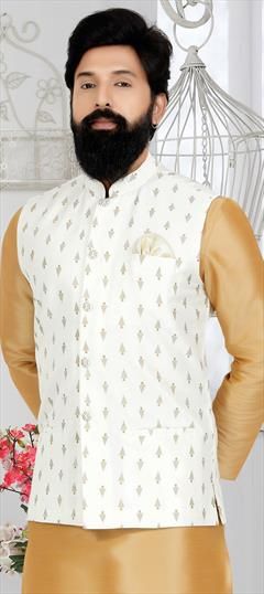 White and Off White color Nehru Jacket in Banarasi Silk fabric with Printed work Luxury White Silk Nehru Jacket, White Outerwear For Eid Wedding, White Wedding Outerwear For Eid, White Outerwear For Wedding And Eid, White Festive Transitional Outerwear, Festive Transitional White Outerwear, Transitional Festive White Outerwear, Fitted White Outerwear With Zari Work, Festive White Outerwear With Zari Work