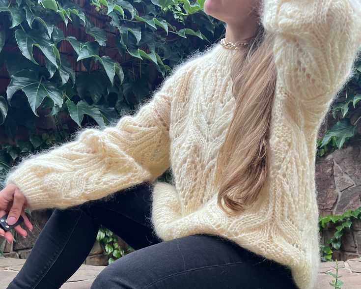 Hand knit  mohair retro sweater Colour: 28 Composition: 25% mohair, 24% wool, 51% acrylic Care: hand wash Size: S/M Width: 60cm Length: 60 cm L/XL Width: 65 cm Length: 65 cm Made entirely by hand! Please note that real colors may slightly differ from their appearance on your display. Beige Mohair Sweater For Fall, Winter Cream Mohair Sweater, Beige Mohair Winter Sweater, Fall Mohair Cable Knit Sweater, Beige Mohair Soft Knit Sweater, Cream Chunky Knit Mohair Sweater, Mohair Chunky Knit Sweater For Fall, Cream Mohair Chunky Knit Sweater, Knitted Mohair Sweater For Fall