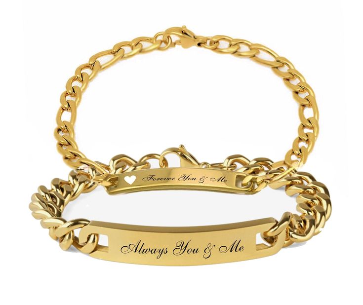 "This engraved couple's bracelet set is perfect for couples who would like personalized matching jewelry with a personal engraving on each piece. Each stainless steel bracelet can be personalized with names, dates, or monogrammed initials on both sides. Show your commitment with this memento of love and adoration. Gold Plated Stainless Steel Ladies Bracelet Length:7 1/2 inches Link Style: Figaro Plaque Dimensions: 1 .25\" x 0.25\" Clasp Type: Lobster Link Style: Curb Men's Bracelet Length 8 inch Custom Engraved Bracelet, Personalized Matches, Ladies Bracelet, Couples Bracelet, Medical Bracelet, Steel Gifts, Lucky Bracelet, Bracelets Gold, Engraved Bracelet