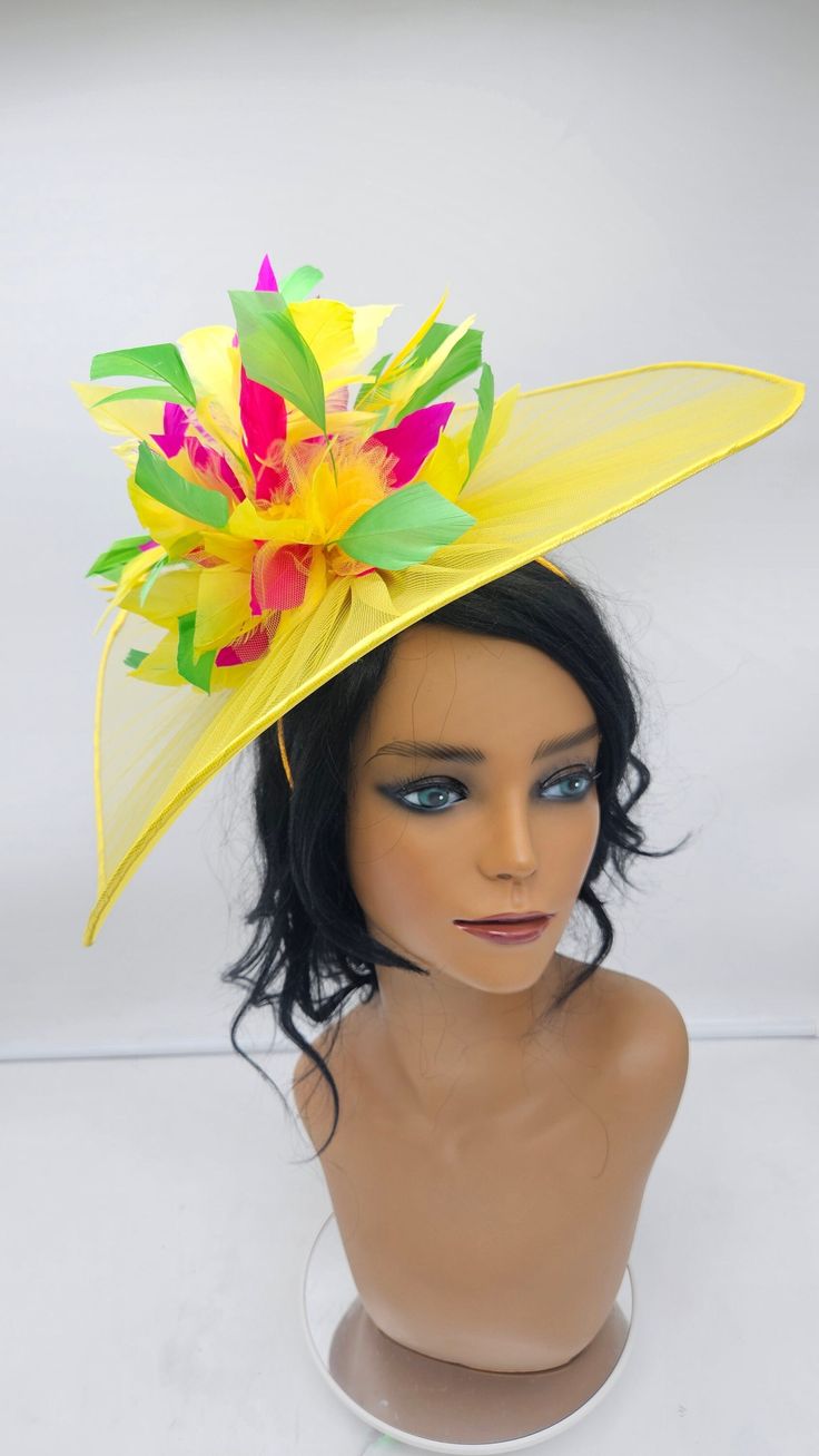 Extra Large legant Yellow Fascinator! Classic style to go with a variety of outfits: bridesmaids,  cocktail party,  Kentucky Derby, Rehearsal dinner, Easter and church outfits.  Ones with hair clip and headband.  - 50 - 55 inches  - Rare find - Lightweight  - Ready to ship - Fast Shipping - Free Shipping - Group discount available - Customize by adding different color flowers and or feathers - Headband and Hair clip  CHECK OUT MY STORE FOR OTHER STYLES & COLORS: etsy.com/shop/Hatsandpearls Find more at my website for more styles: www.hatsandpearls.com  Reach out to me if you can't find what you are looking for.  I can make cake custom orders and help you style and match your outfit  Tag and share your pictures when you wear and style our hats.  Instagram: @hats_pearls Facebook: Hats Pearls Summer Church Fascinator With Short Brim, Summer Church Fascinator, Fitted Summer Costume Hats And Headpieces For Church, Adjustable Summer Fascinator For Garden Party, Fitted Wedding Fascinator For Carnival, Elegant Carnival Fascinator For Church, Elegant Mini Hats For Wedding And Carnival, Elegant Wedding Fascinator For Carnival, Whimsical Wedding Headpieces For Carnival