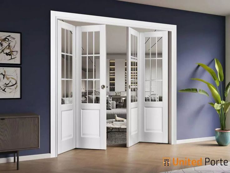 Sliding Closet Bi-fold Doors with Clear Glass | Wood Solid Bedroom Wardrobe Doors  | Buy Doors Online Bedroom Wardrobe Doors, Bifold Barn Doors, European Doors, Soft Opening, Sliding Closet, Glass Panel Door, Bedroom Wardrobe, Wardrobe Doors, Home Doors