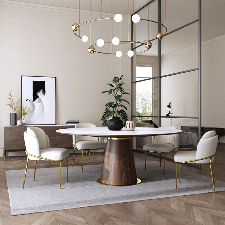 a dining room table with white chairs and a potted plant