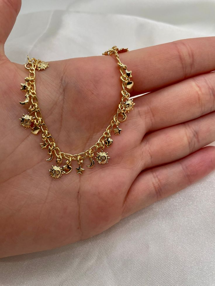 Sun Moon Bracelet 18K Gold Filled Layering Charm Bracelet - Etsy Bracelets Cartier, Luxury Wishlist, Charm Bracelet Gold, Pretty Ear Piercings, Lucky Charm Necklace, Jewelry Piercing, Evil Eye Necklace Gold, Moon Bracelet, Cartier Bracelet