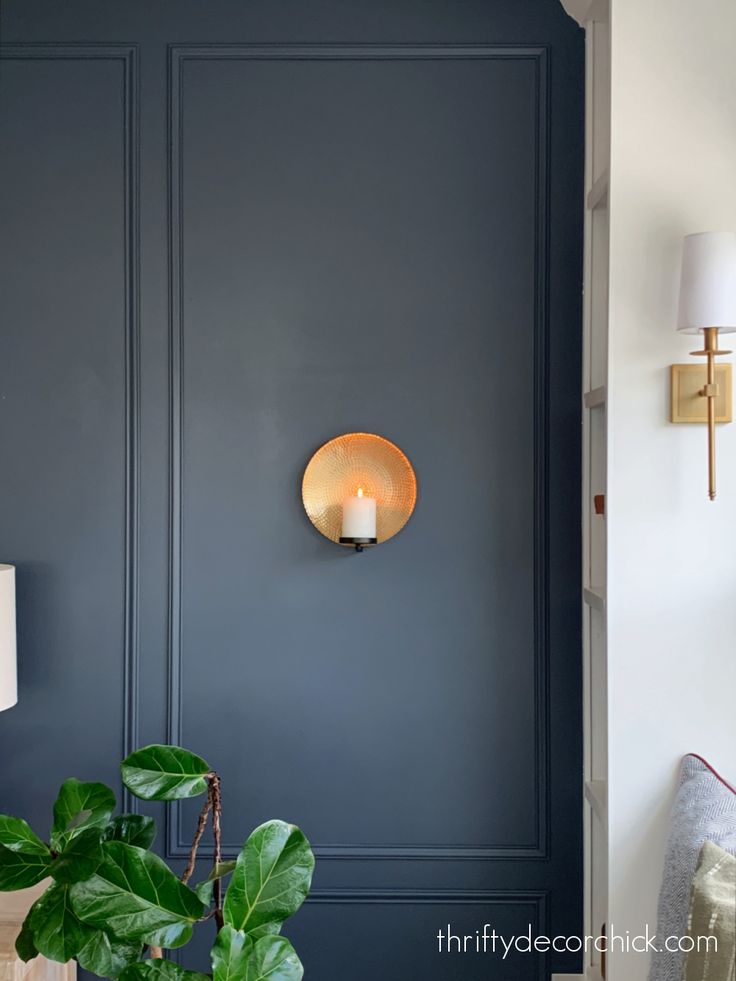 a blue wall with a gold plate on it and a potted plant next to it