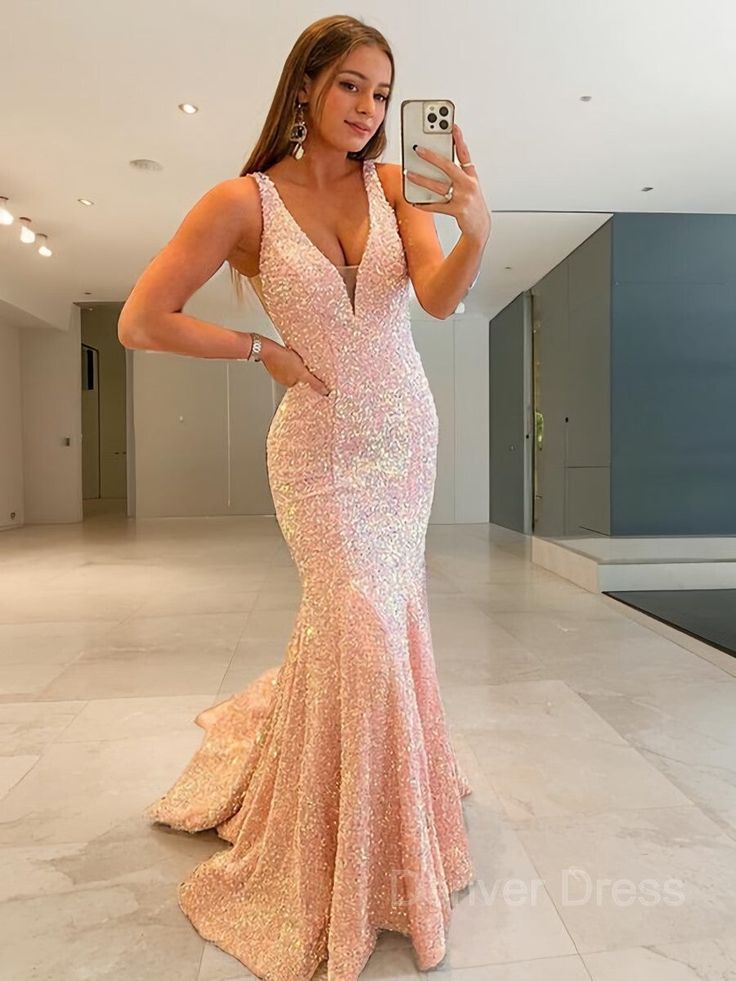 Sheath V-neck Sweep Train Velvet Sequins Prom Dresses Sequined V-neck Gown For Prom, Glamorous V-neck Dress For Prom Season, Glamorous V-neck Prom Dress, V-neck Sequin Gown For Prom, V-neck Sequin Gown For Prom Season, V-neck Gown For Prom, Pink V-neck Gown For Prom Season, Sequin V-neck Prom Dress, Pink V-neck Sequin Evening Dress