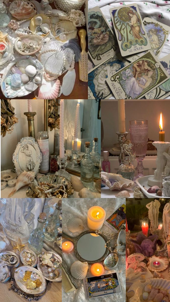 a collage of pictures with candles, plates and other items