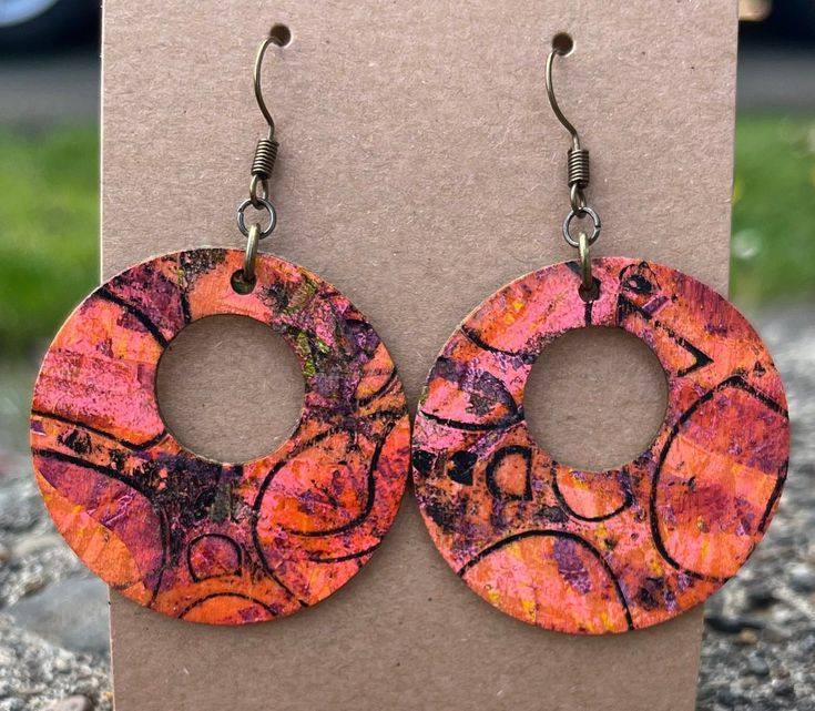 Handmade, one-of-a-kind acrylic printed earrings on wood. Each pair are double-sided and light weight. The layering of paint creates a slight textured surface on the wood. All of my earrings are finished with a liquid varnish and no two pairs are the same. This pair has antique brass hardware. Printed Earrings, Abstract Ideas, Abstract Earrings, Paper Earrings, Antique Brass Hardware, Primitive Dolls, Paper Jewelry, Wooden Earrings, Acrylic Earrings