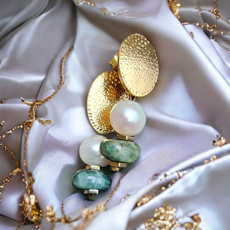 Material info: Fresh water pearl, root emerald, gold colored hematites, metalic parts gold plated brass, Fresh Water Pearl, Fresh Water, Freshwater Pearls, Jewelry Earrings Dangle, Gold Color, Dangle Drop Earrings, Emerald, Dangle Earrings, Gold Plate