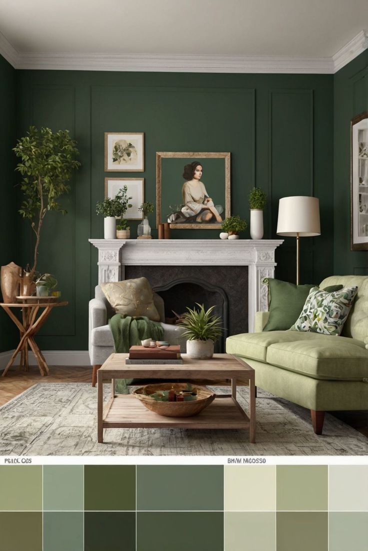 a living room with green walls, furniture and pictures on the fireplace mantels