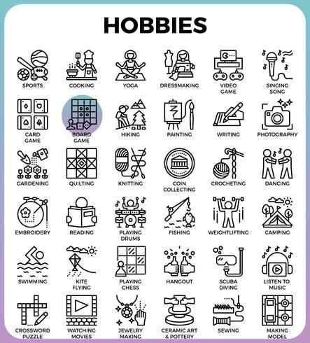 the hobbiess line icon set includes symbols, such as signs and other items