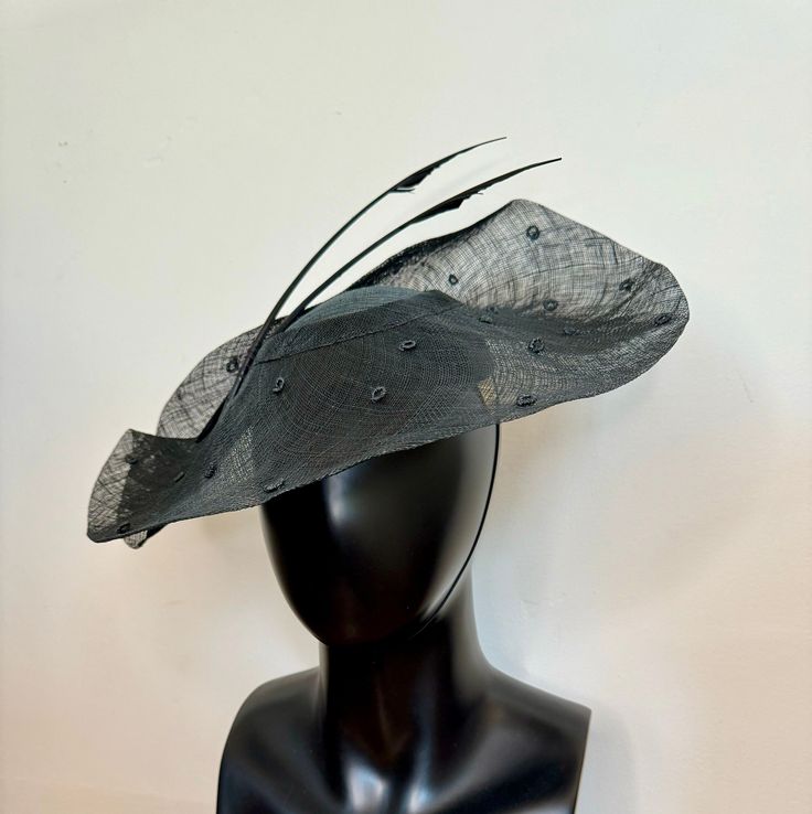 Vintage Ariane Millinery Los Angeles Black Hat Fascinator Chin/head strap for support Condition: Excellent Vintage Condition, tags attached Evening Boater Hat With Short Brim In Sinamay, Black Evening Cloche Fascinator, Black Cloche Fascinator For Evening, Elegant Black Sinamay Hat, Adjustable Short Brim Fascinator For Evening, Adjustable Evening Fascinator With Short Brim, Adjustable Black Fascinator For Races, Elegant Black Cloche Fascinator, Evening Adjustable Short Brim Fascinator