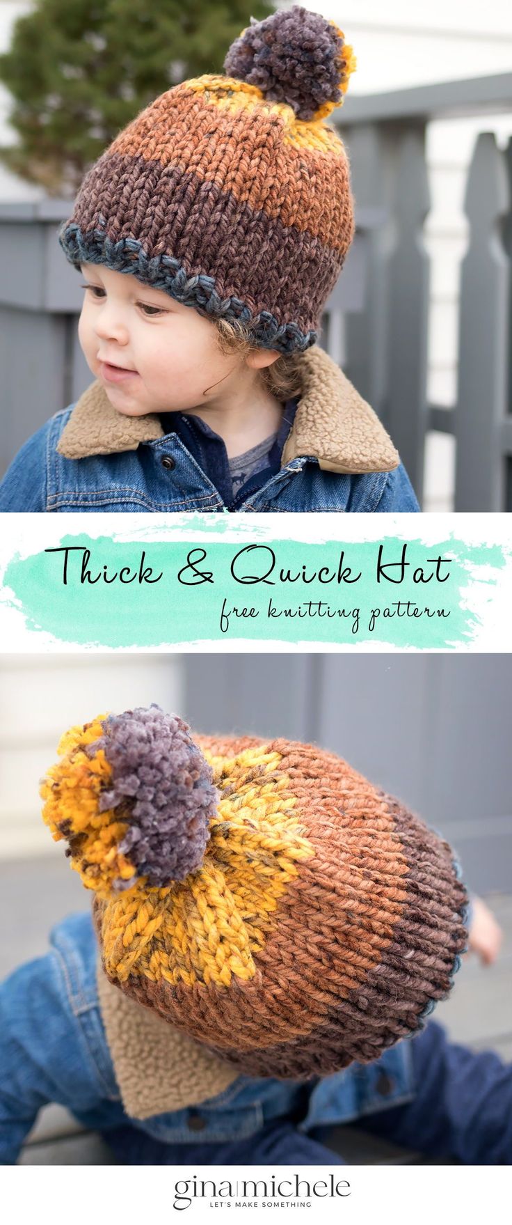 a little boy wearing a knitted hat with two pom poms on it