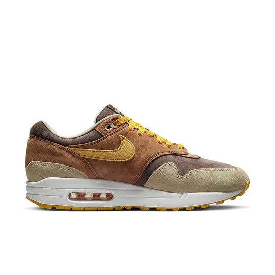 Nike Air Max 1 Premium 'Ugly Duckling - Pecan' DZ0482-200-KICKS CREW Urban Brown Lace-up Custom Sneakers, Casual Brown Custom Sneakers With Rubber Sole, Casual Brown Custom Sneakers With Gum Sole, Brown Suede Sneakers For Streetwear, Brown Suede Sneakers For Outdoor, Brown Suede Outdoor Sneakers, Casual Brown Sneakers For Outdoor, Brown Sneakers With Air Max Cushioning For Outdoor, Nike Rugged Outdoor Sneakers